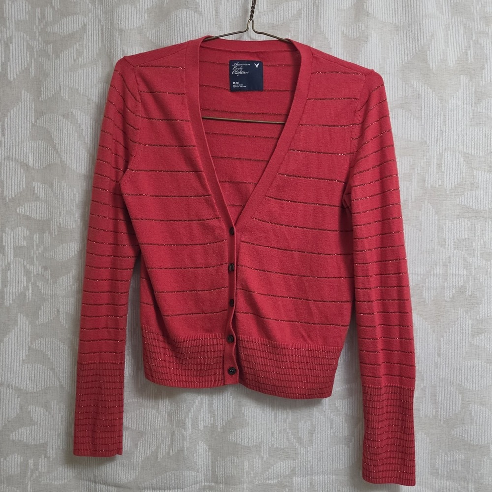 American Eagle Outfitters Red VNeck Knit Button Cardigan Sweater Women M Academy